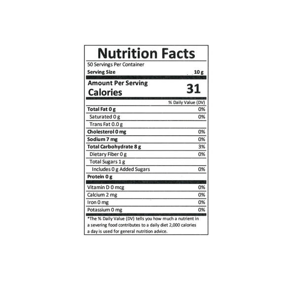 Nutrition facts label with serving size, calories, and various nutritional values on a white background