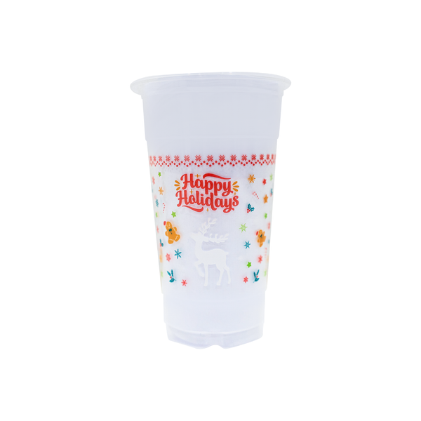 Holiday Cup with Reindeer Image and caption: Happy Holidays printed in red view 3