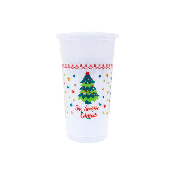 Holiday Cup with Christmas Tree Image and caption: Sip. sparkle Celebrate printed in red view 2
