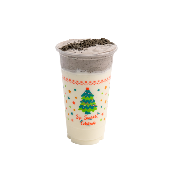 Drink with Black Sesame foam in Holiday themed cup view 1
