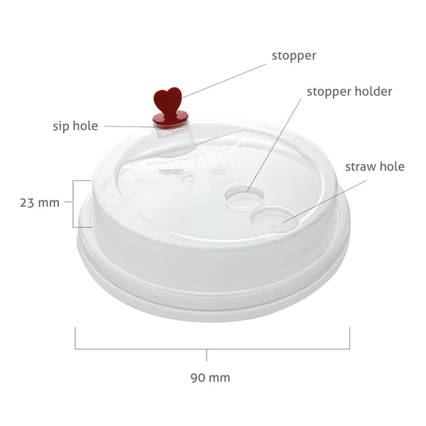 Clear Sip Lids with Heart Shaped Plug with dimensions view 2