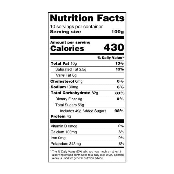 Durian Powder nutrition label