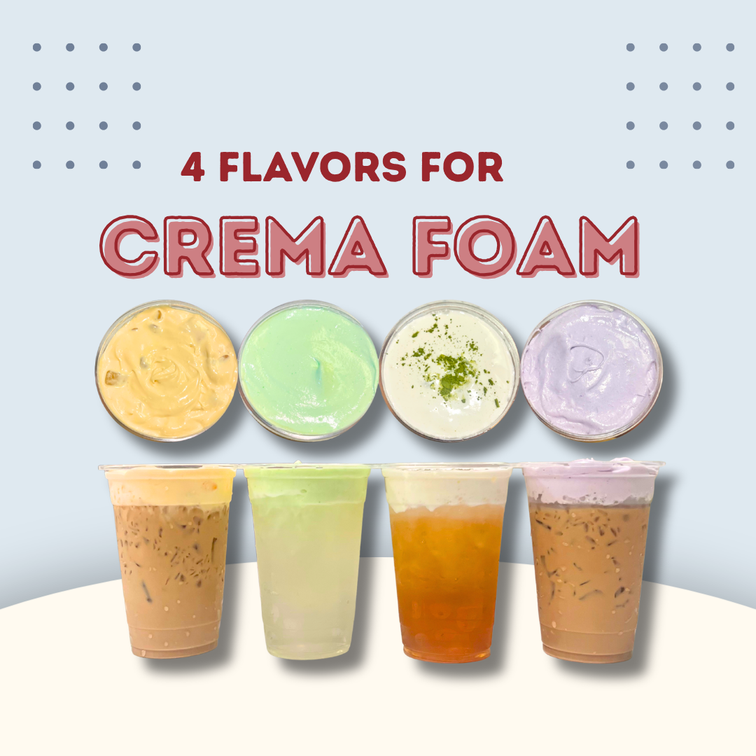 4 flavors for crema foam for bubble tea drinks. pumpkin spice foam-honeydew foam-salted match foam-taro foam