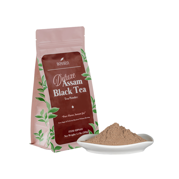 Bossen Deluxe Assam Black Tea package with tea powder on a white background view 3
