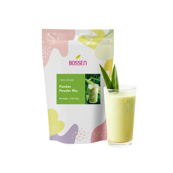 Bossen Pandan Powder Mix package with a glass of green drink on a white background view 4