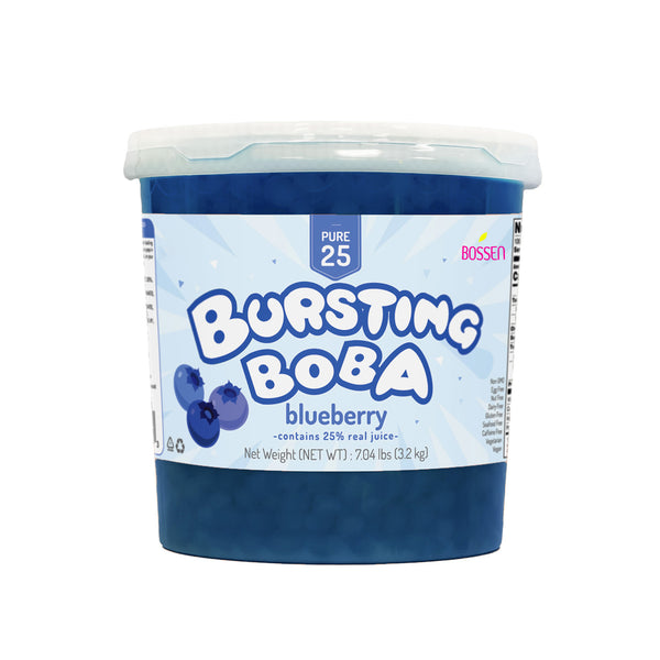 container of 'Bursting Boba' blueberry flavor on a white background view 1