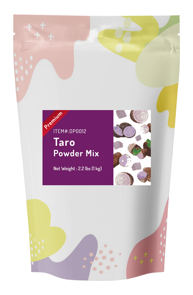 Taro powder mix packaging with colorful design on a white background view 1