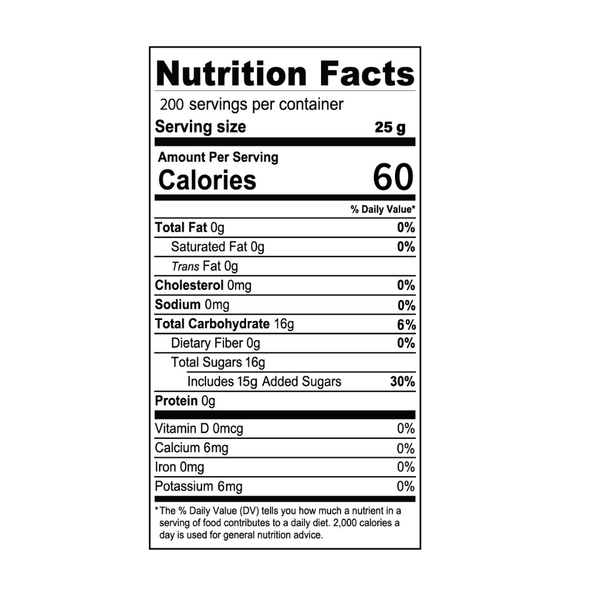 A Nutrition Facts label on a plain white background, showing a serving size of 25 g and 60 calories for Mango Syrup - Pulp