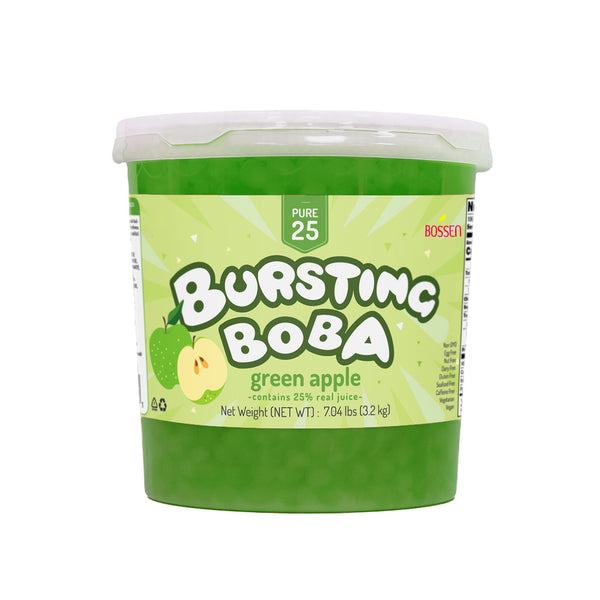 Container of 'Bursting Boba' green apple flavor on a white background view 1