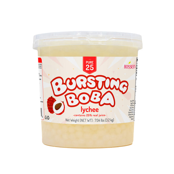 Container of 'Bursting Boba' lychee flavor on a white background view 1