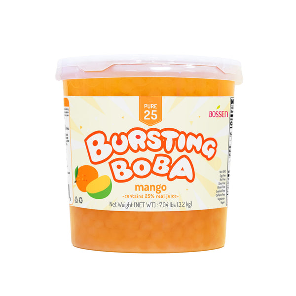 Container of 'Bursting Boba' mango flavor on a white background view 1