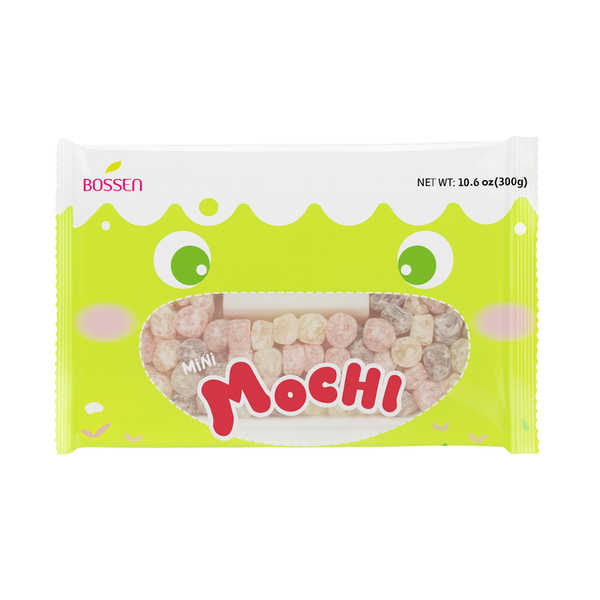A package of Bossen Mini Mochi, featuring a bright lime green cartoon face design with green eyes and pink cheeks, and a clear window showing the mini pastel mochi inside. view 1