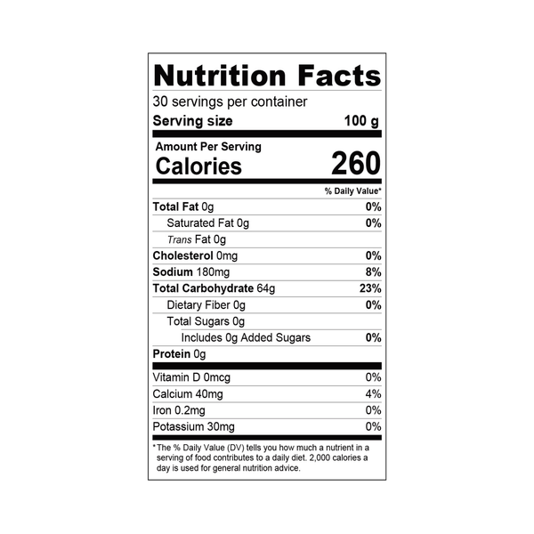 Nutrition facts label for Bossen Tapioca Noodles with serving size, calories, and nutritional content.