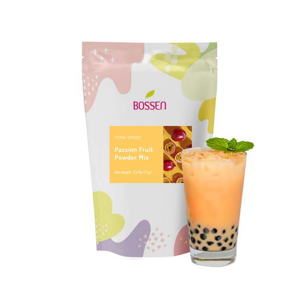 BOSSEN passion fruit powder mix package with a glass of iced drink view 3
