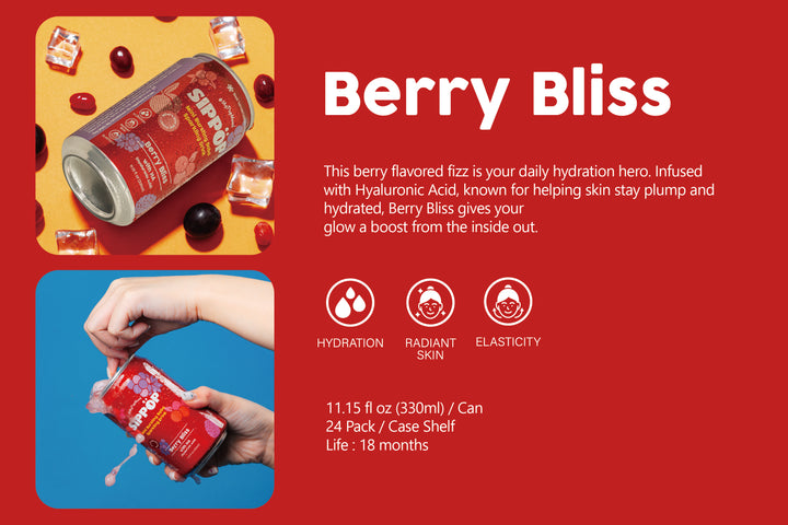 Berry Bliss — berry flavored fizz with hyaluronic acid for hydration, radiant skin and elasticity. 11.15 fl oz can, 24 pack/case, 18 months shelf life.