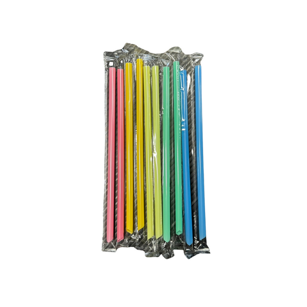 Pack of colorful straws in a clear plastic package on a white background view 3
