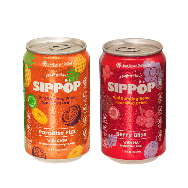 Two cans of Sippop sparkling drinks, one orange and one red, on a white background. view 1