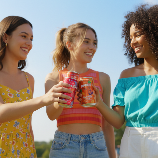 Three women holding cans of Sippop beverage outdoors on a sunny day view 3