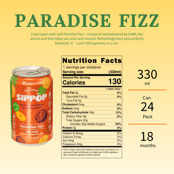 Sippép Paradise Fizz can with nutrition facts on a yellow background