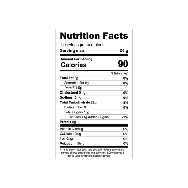Nutrition facts label for a product with 90 calories per serving on a white background