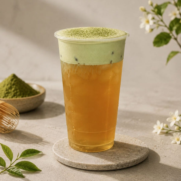 Jasmine Snow Tip Green tea with matcha foam set against a stone background view 4