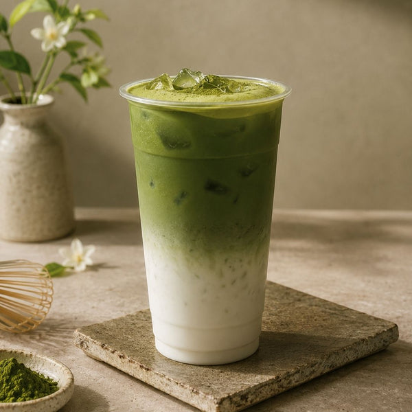 Gardenia Oolong Matcha latte set against a stone background view 4