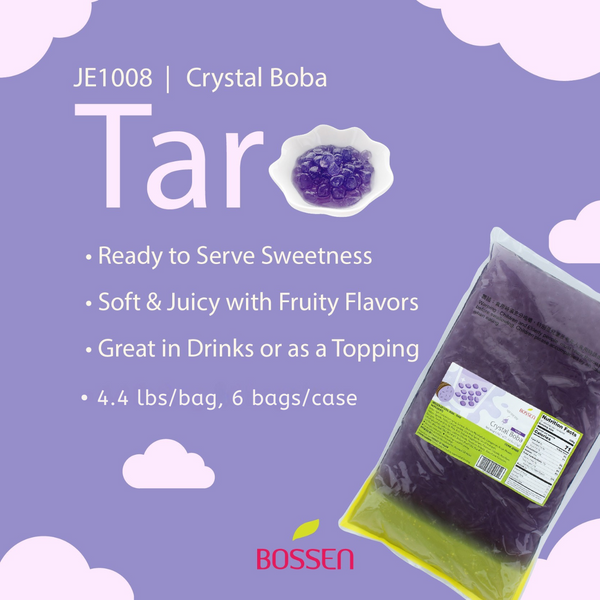 Packaging of Crystal Boba - Taro flavor with product details on a purple background view 3