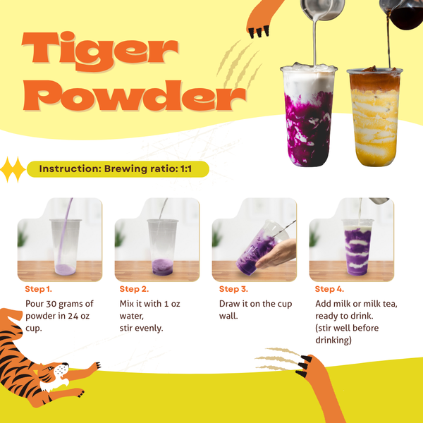 Instructions for brewing Tiger Powder with illustrations and text on a yellow background. view 2