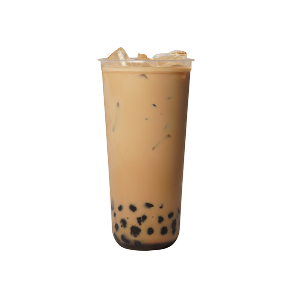 Iced bubble tea drink with boba in a clear plastic cup on a white background view 3