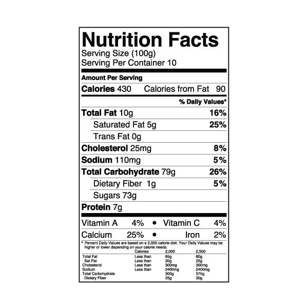 Mango Snow Ice Powder nutrition label